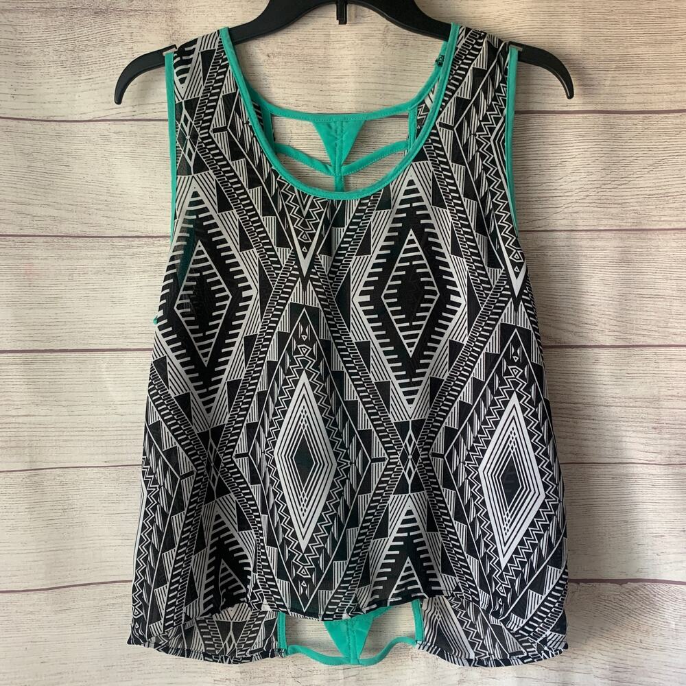 Daytrip Geometric Pattern Sleeveless Tank Top Blouse Cutout Teal Back Size Large